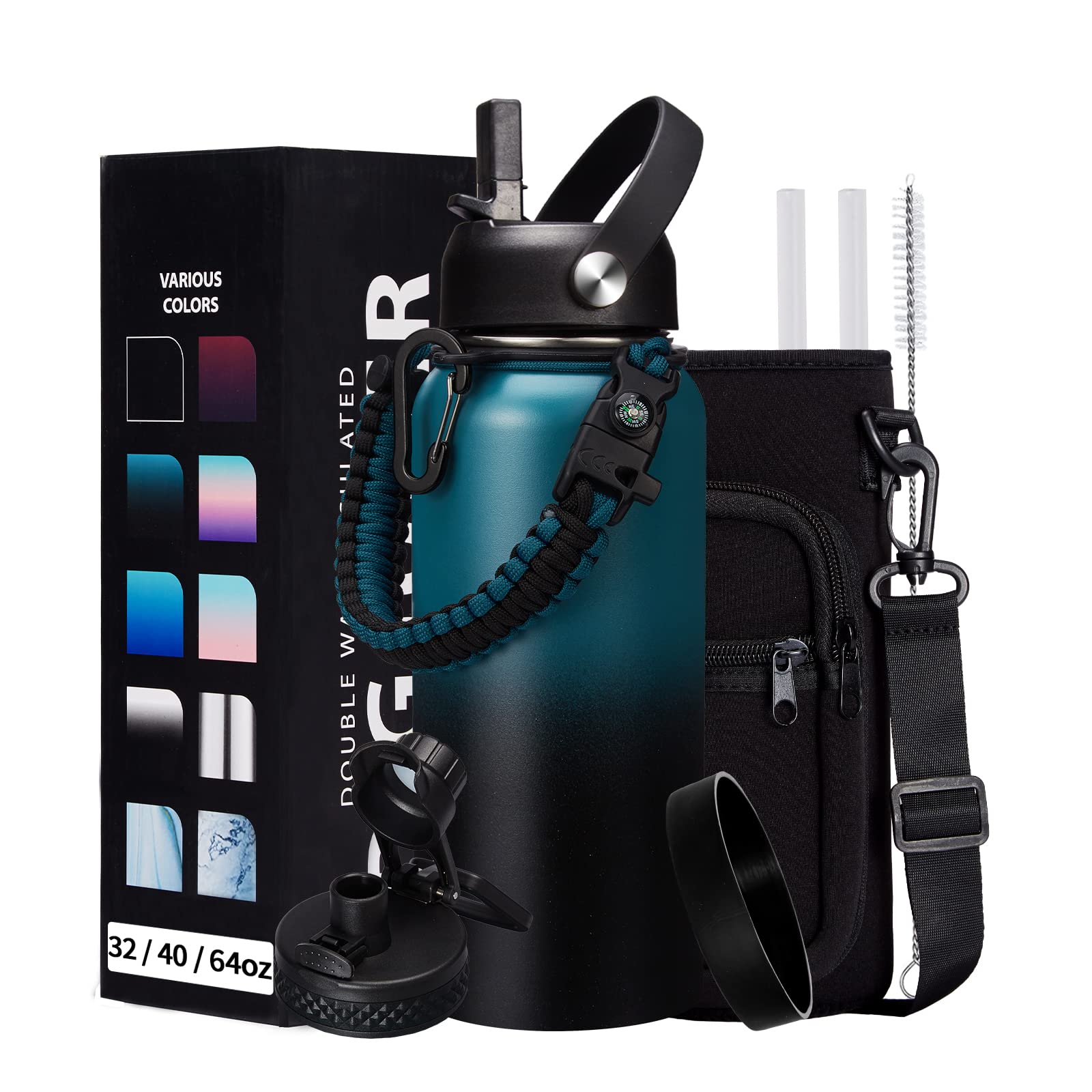 Vacuum Insulated Water Bottle 32oz - with Straw & Spout Lids  Paracord Handle  Shoulder Carrier Bag  Large Sport Stainless Steel Water Bottle  Double-wall Metal Water Bottle Thermal Hydro Mug Flask